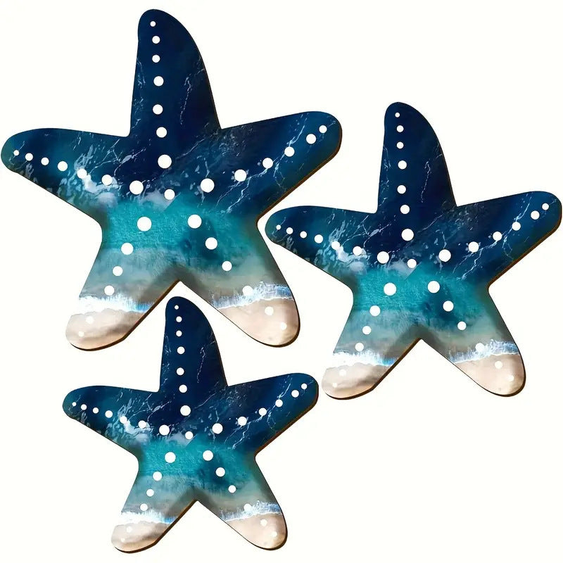 Wooden Decorative Ornament Set with Starfish Wave and Polka Dot Pattern - Modern Minimalist Home Decor