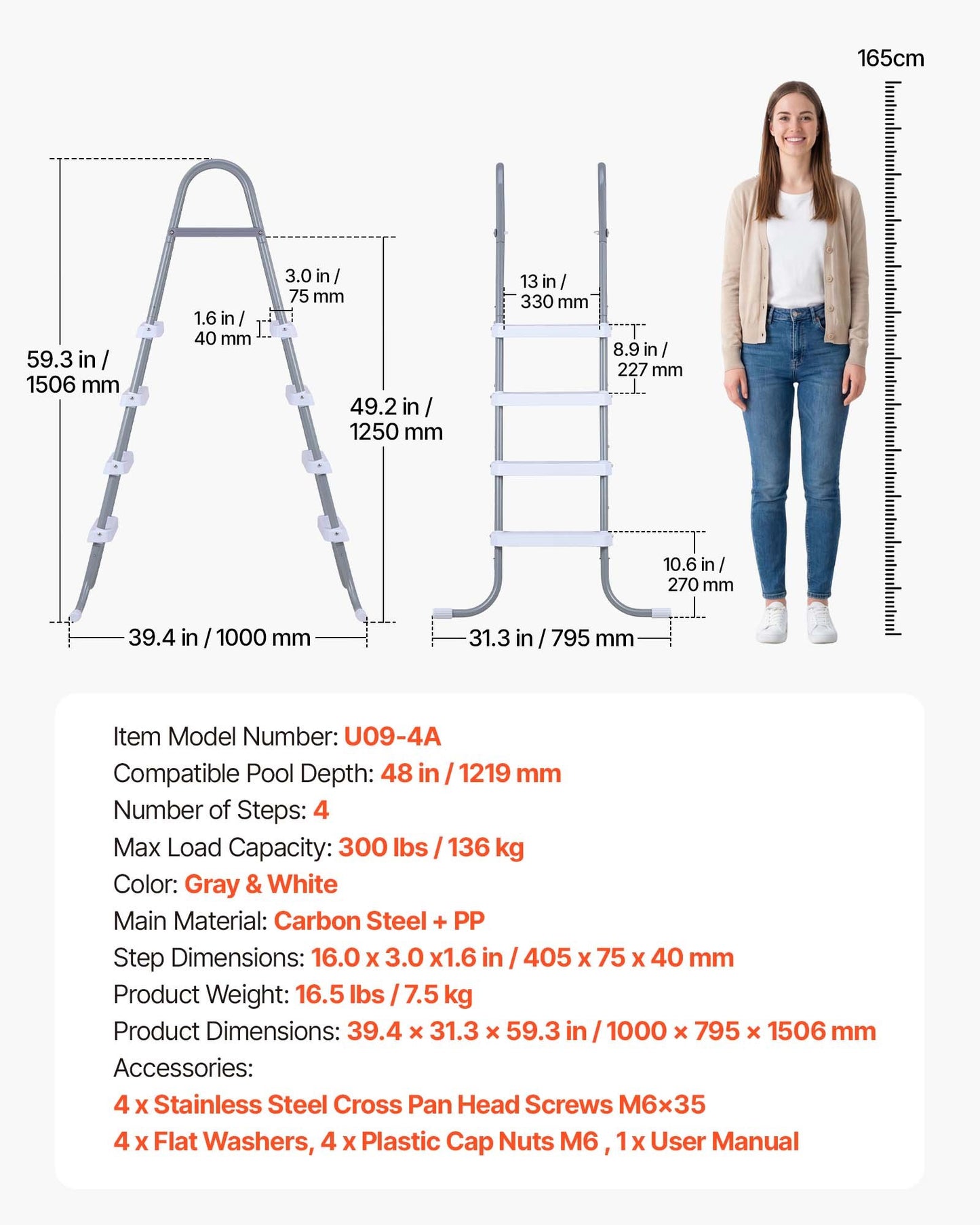 Black 4-Step Pool Ladder - Above Ground Steel Steps for 48 Inch Wall, 300 Lb Capacity