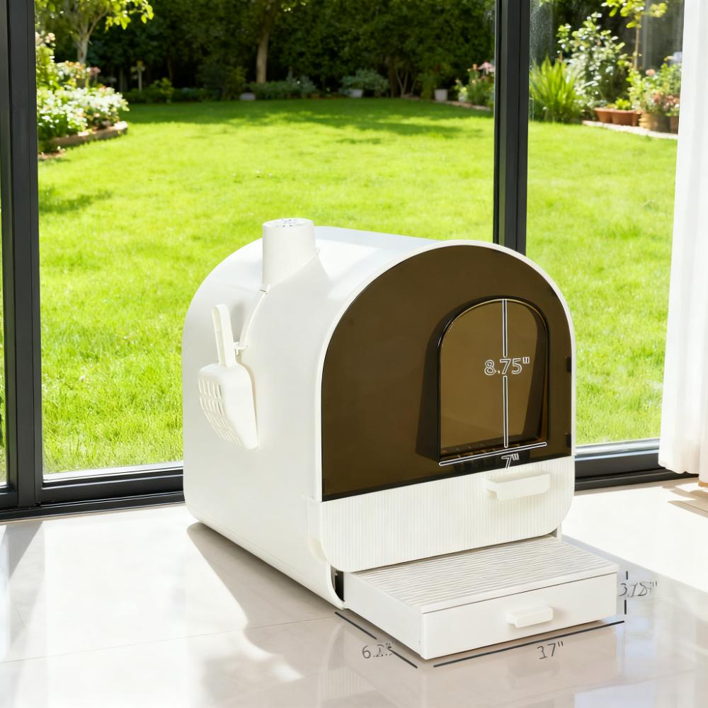 Cat Litter Box with Lid, Scoop & Filter - White