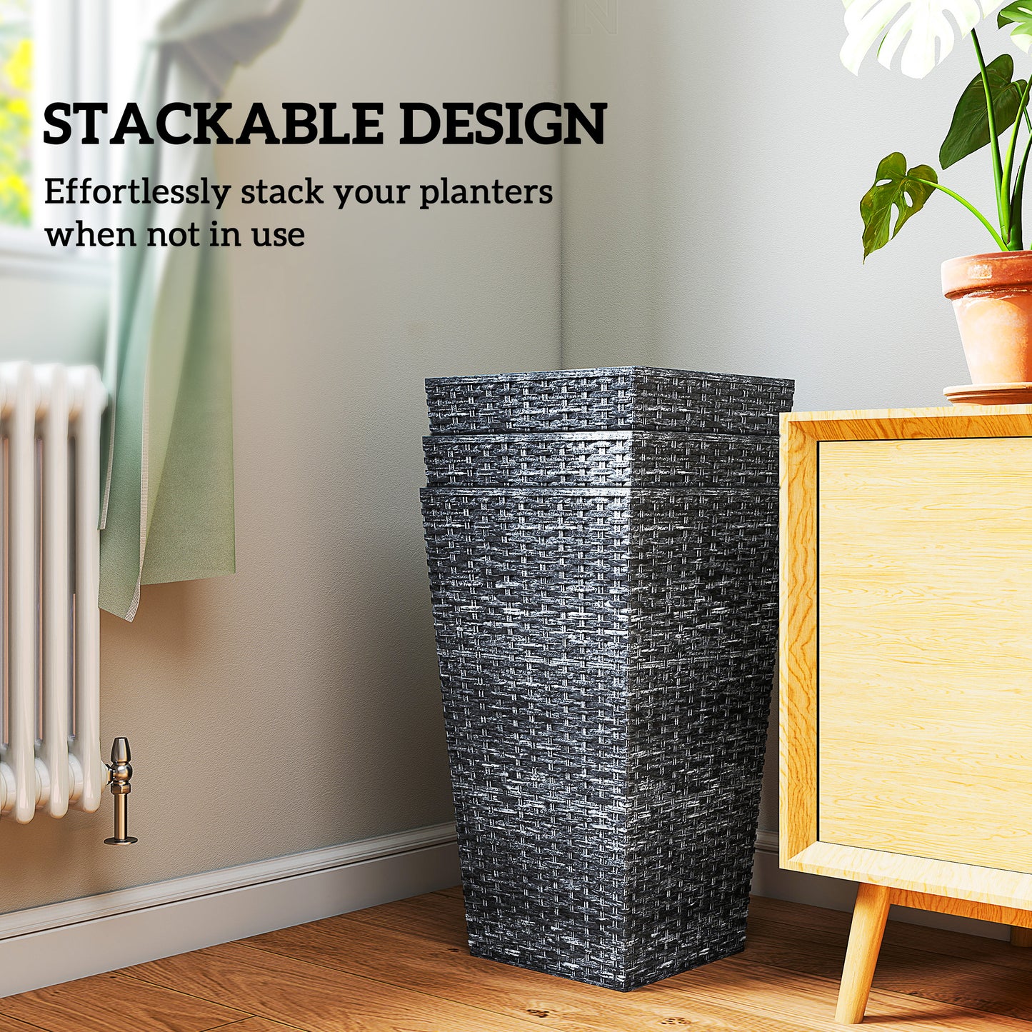 Set of 3 Tall Outdoor Plant Planters 24 Inch Taper with Drainage Holes Gray