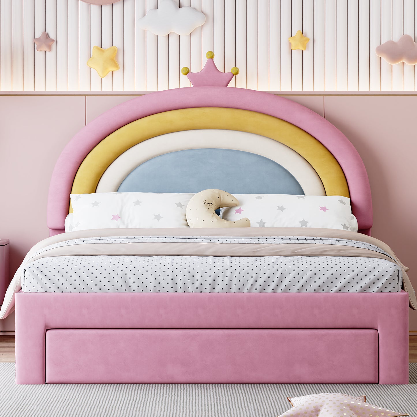 Full Size Upholstered Rainbow Design Bed, Velvet Princess Platform