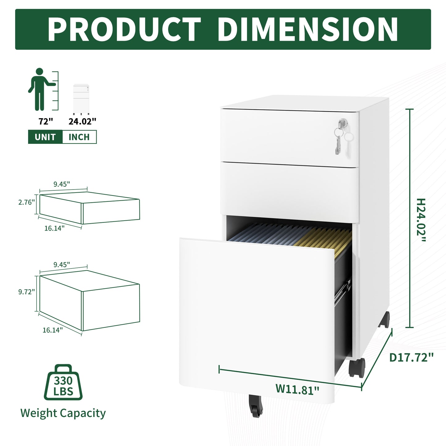 3-Drawer Mobile File Cabinet With Lock, All-Steel Metal Storage On