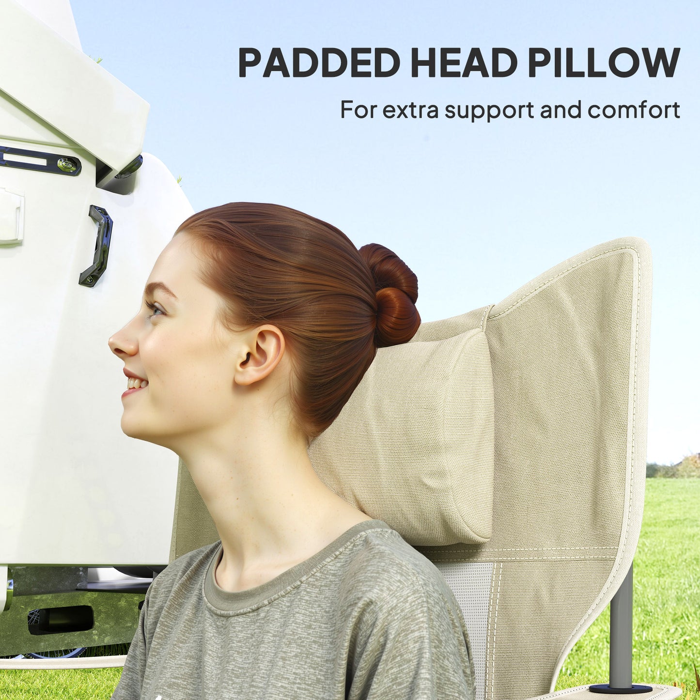 Folding Rocking Camping Chairs with Headrest & Cooler Bag - 2 Pack, Cream