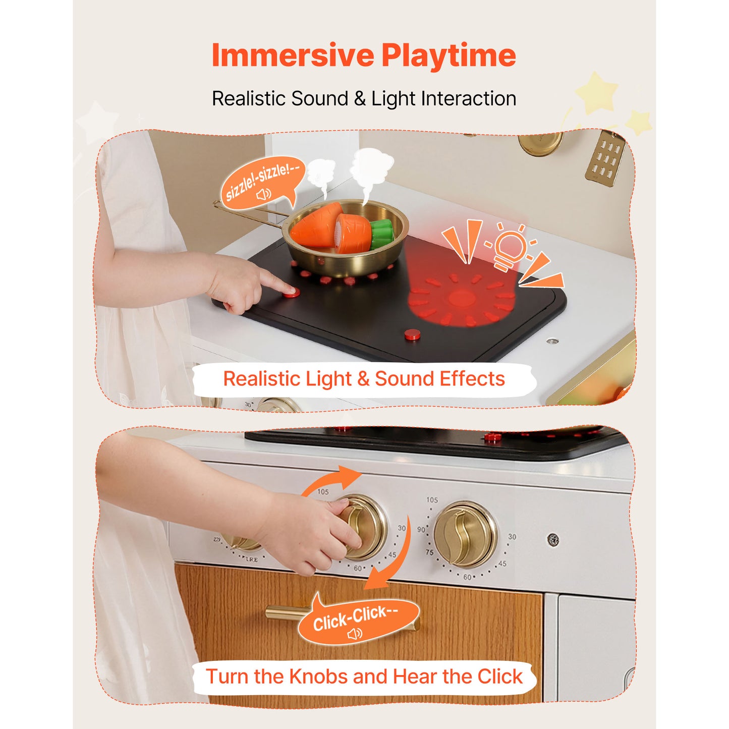 Wooden Play Kitchen Set for Kids with Lights & Sounds, Pretend Toy Playset for Toddlers 3-8
