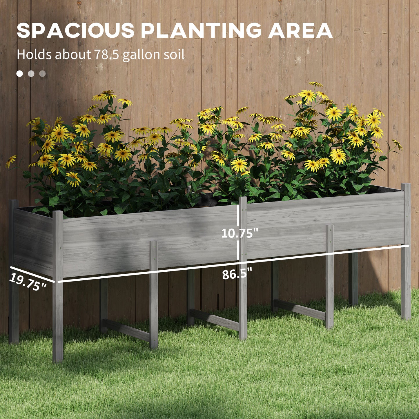 Large Wooden Raised Garden Bed with Legs, Drainage Holes & Liner - Gray