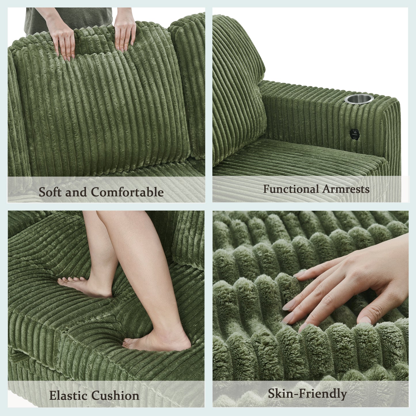L-Shaped Sectional Sofa Bed with USB Charging & Storage - Olive Green