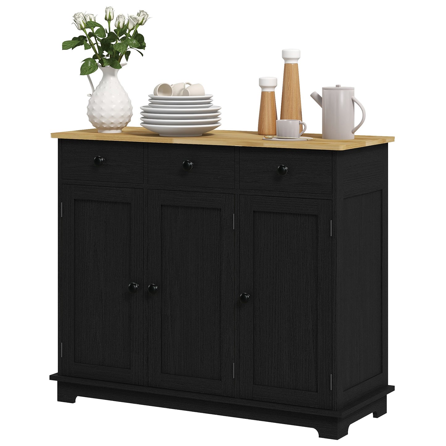 Kitchen Storage Cabinet with Solid Wood Top, 3 Drawers, Black