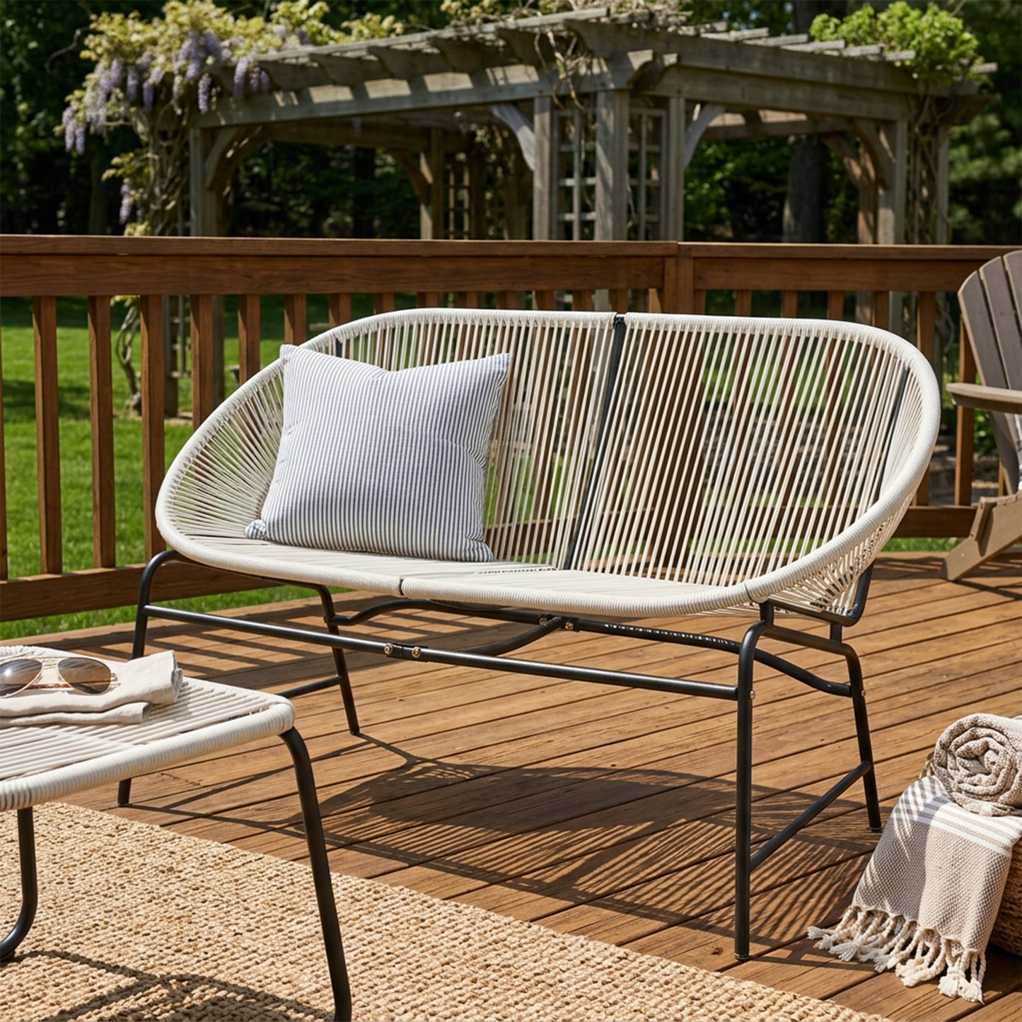 CONDESSA OUTDOOR PATIO WICKER LOVE SEAT, WHITE PE RATTAN & IRON