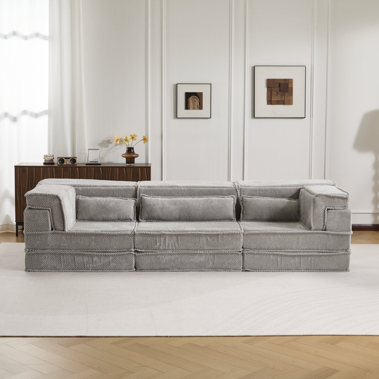 Convertible Modular Floor Sofa Bed - Light Grey 3-Seater with Pillows