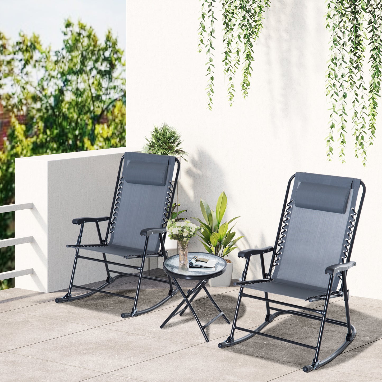 Outdoor Folding Rocking Chair Set with Side Table - Gray