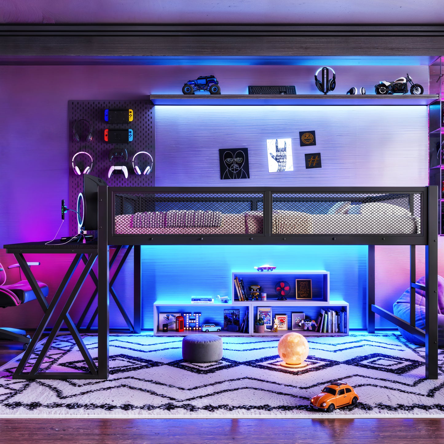 Gaming Loft Bed with Desk, LED Lights & USB Ports - Black