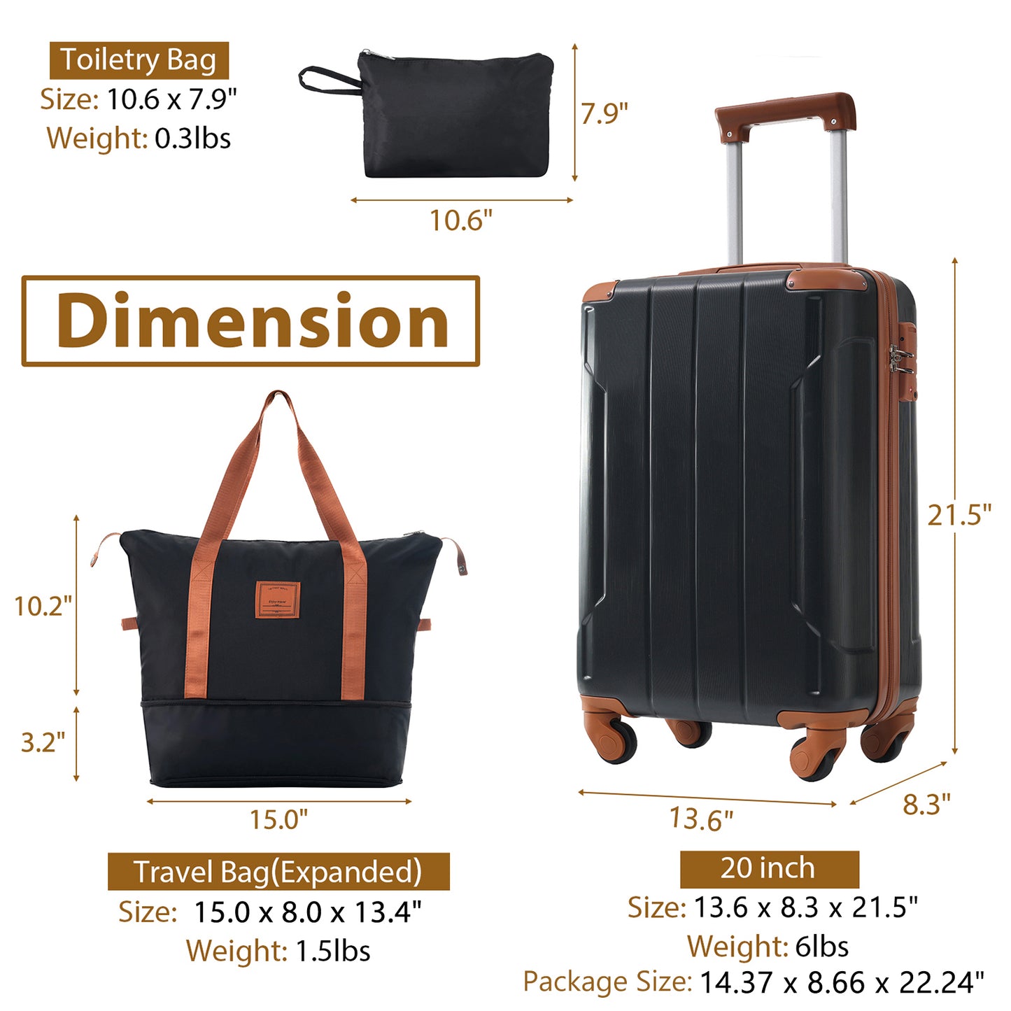 20-Inch Lightweight Hardshell Luggage Set with Spinner Wheels - Black Brown