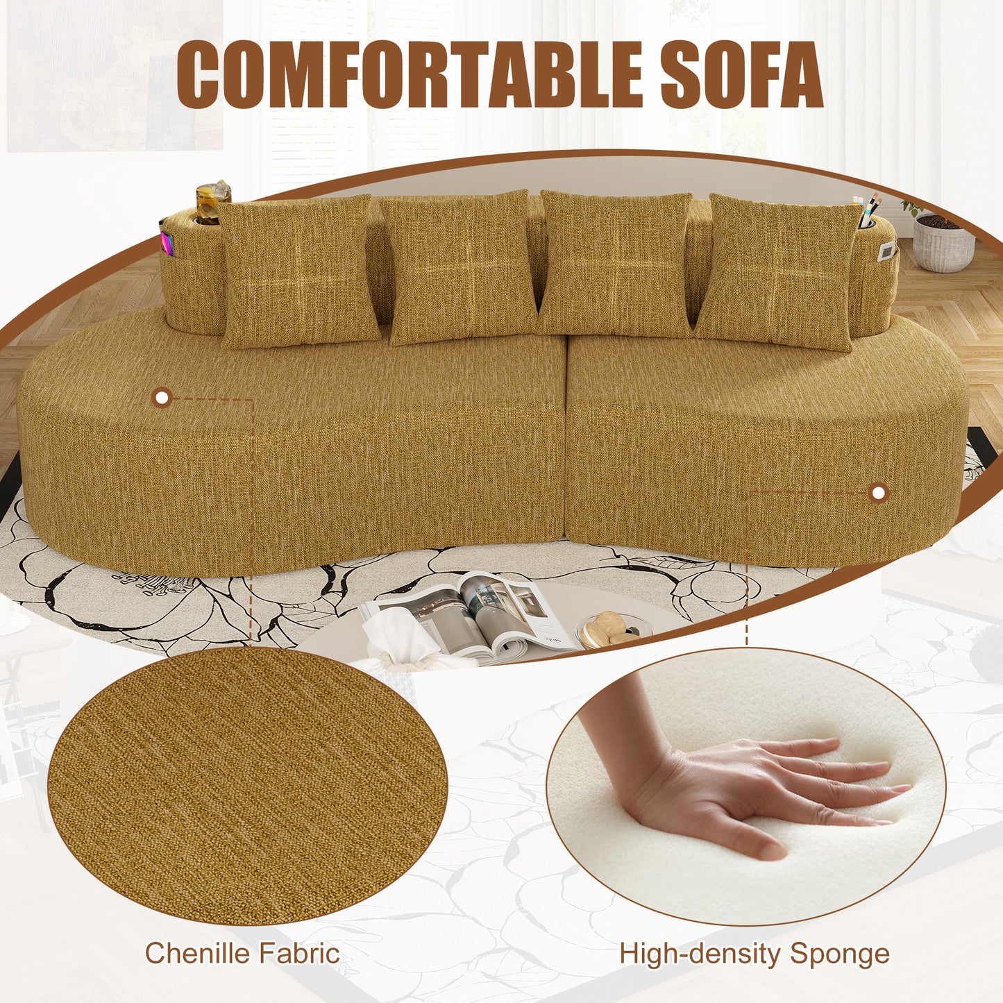 Modern Curved 3-Seat Sectional Sofa - Mustard Yellow