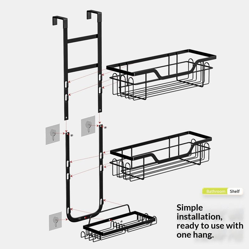No-Drill Bathroom Shelf with Tiered Hanging Basket Storage Rack - Black