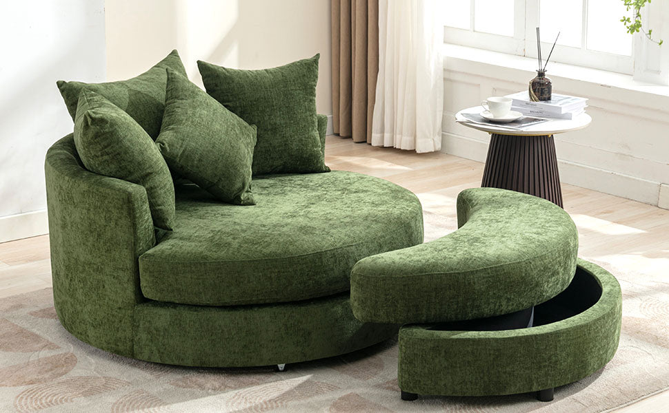 360° Swivel Accent Barrel Chair with Storage Ottoman & 4 Pillows - Green