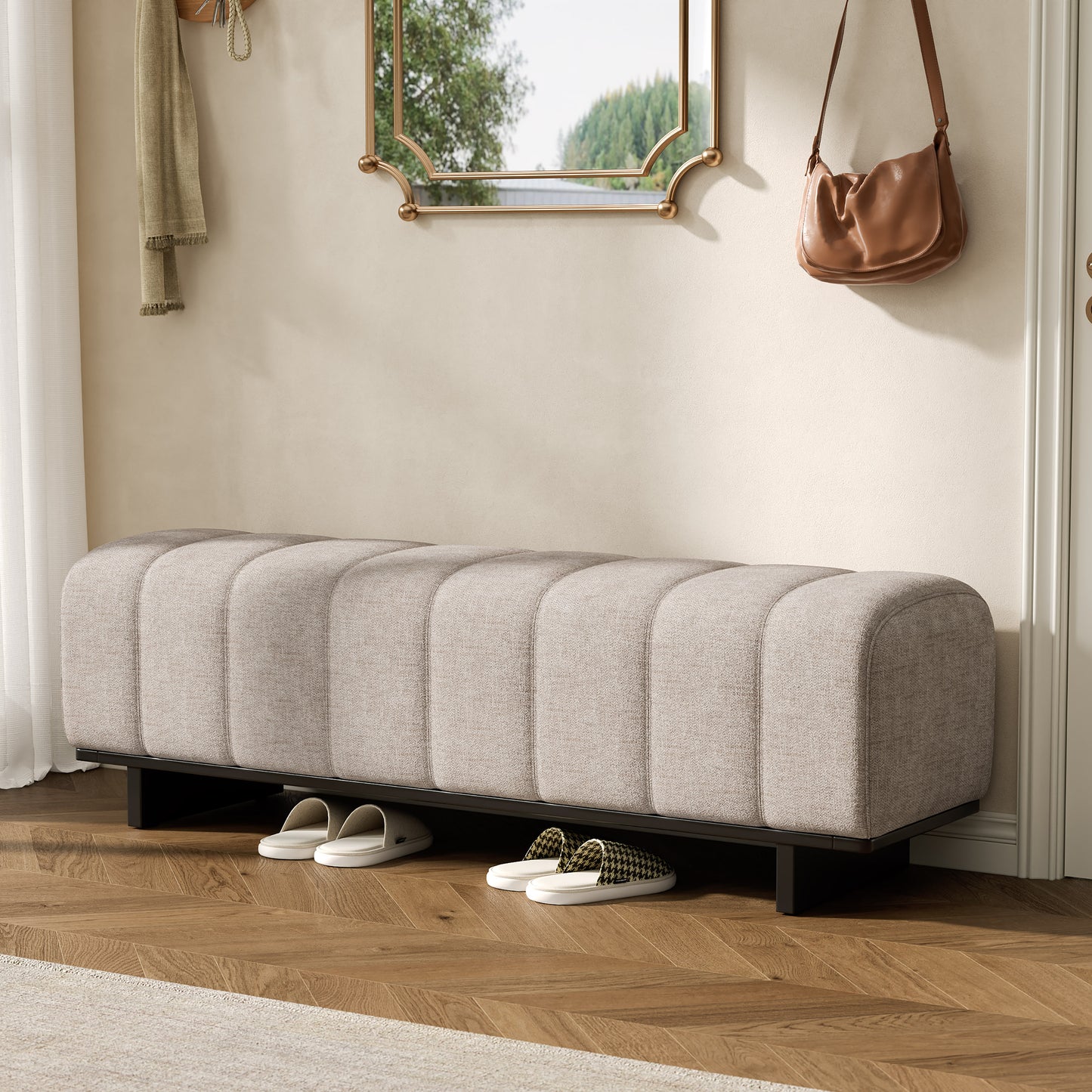 Indoor Dining Bench - Oatmeal Chenille Fabric with Rubber Wood Legs