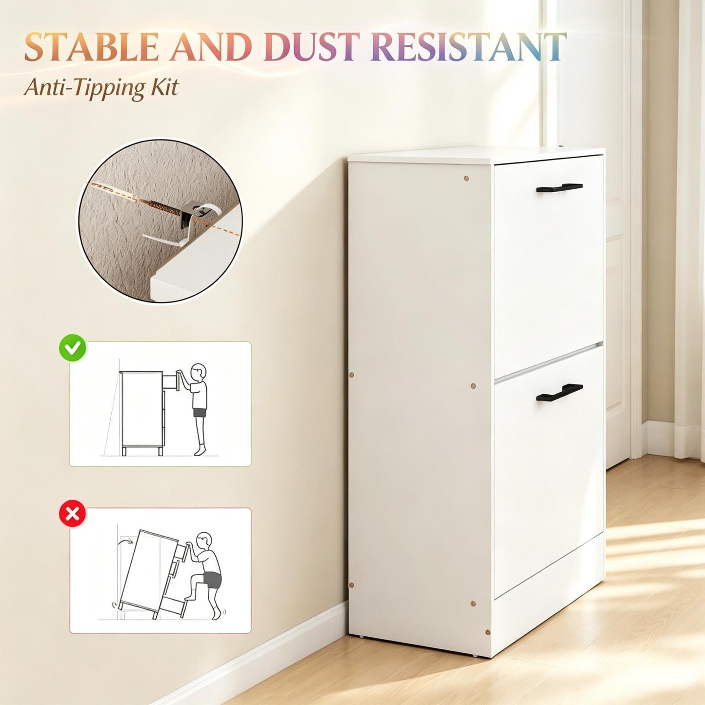 Shoe Cabinet with 2 Flip Drawers & Adjustable Dividers - White