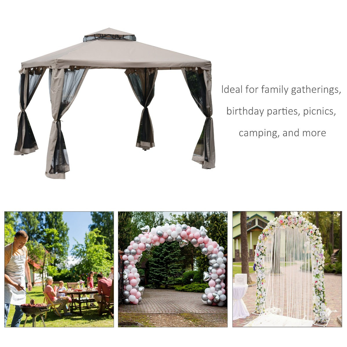 10x10 Outdoor Gazebo Tent with Vented Roof & Netting - Taupe