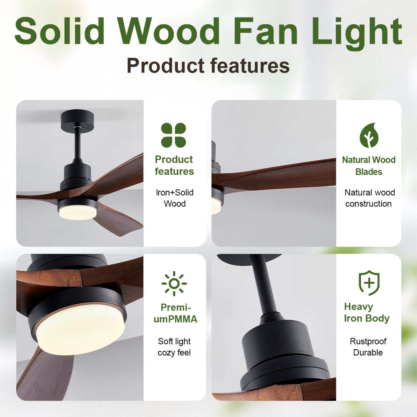 52-Inch Wooden Ceiling Fan with Light and Remote Control - Indoor Outdoor Modern Fan