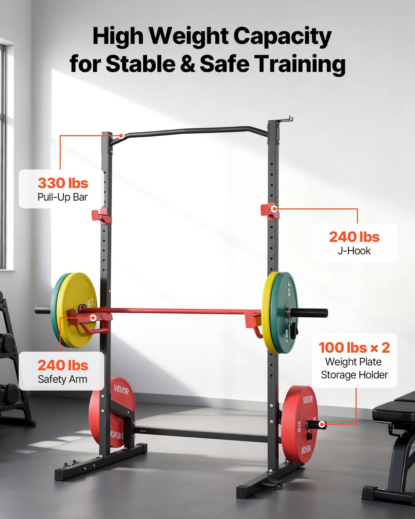 Power Cage Squat Rack with Adjustable J-Hooks & Safety Bars - 1000LBS Capacity