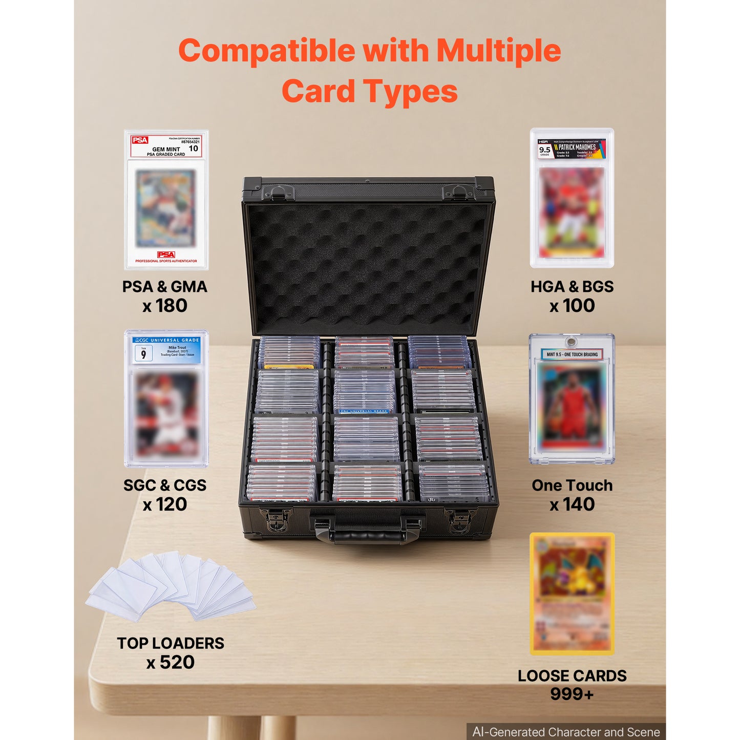 Card Storage Box for PSA Slabs and Trading Cards - 3 Rows, 12 Dividers, Mechanical Lock