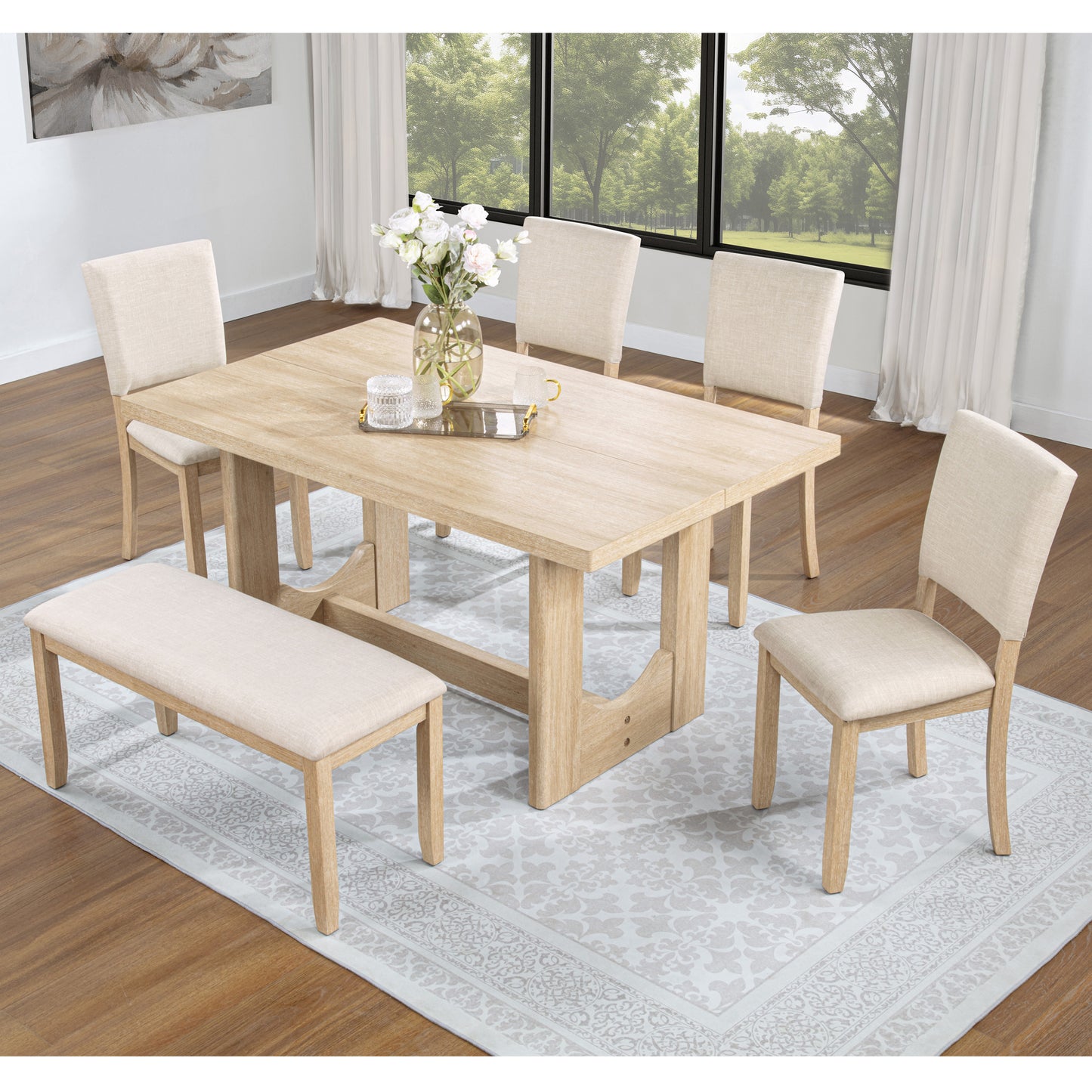6-Piece Wooden Dining Table Set with Bench & Upholstered Chairs