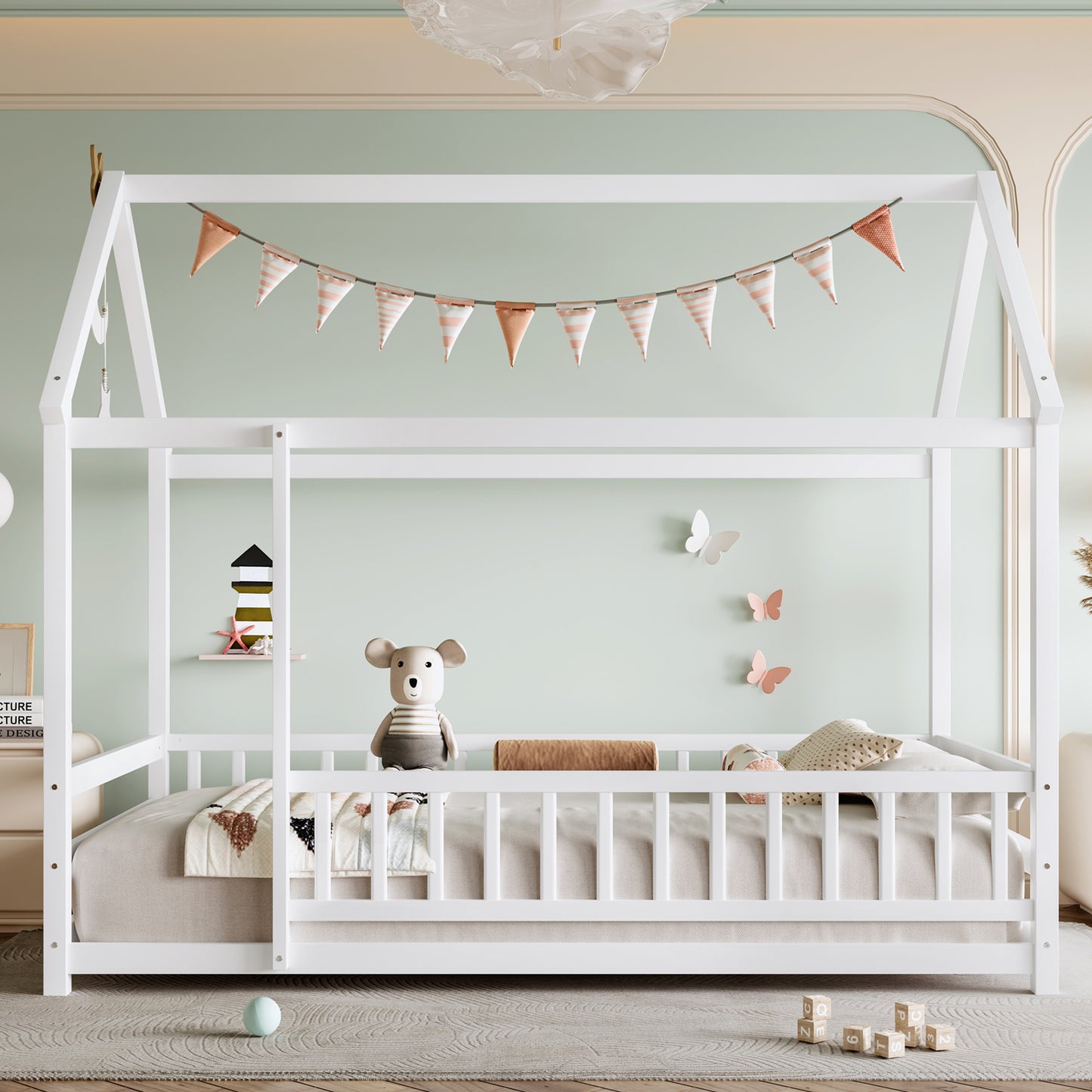 Twin Size Wooden Bed with House Roof Frame and Guardrails - White