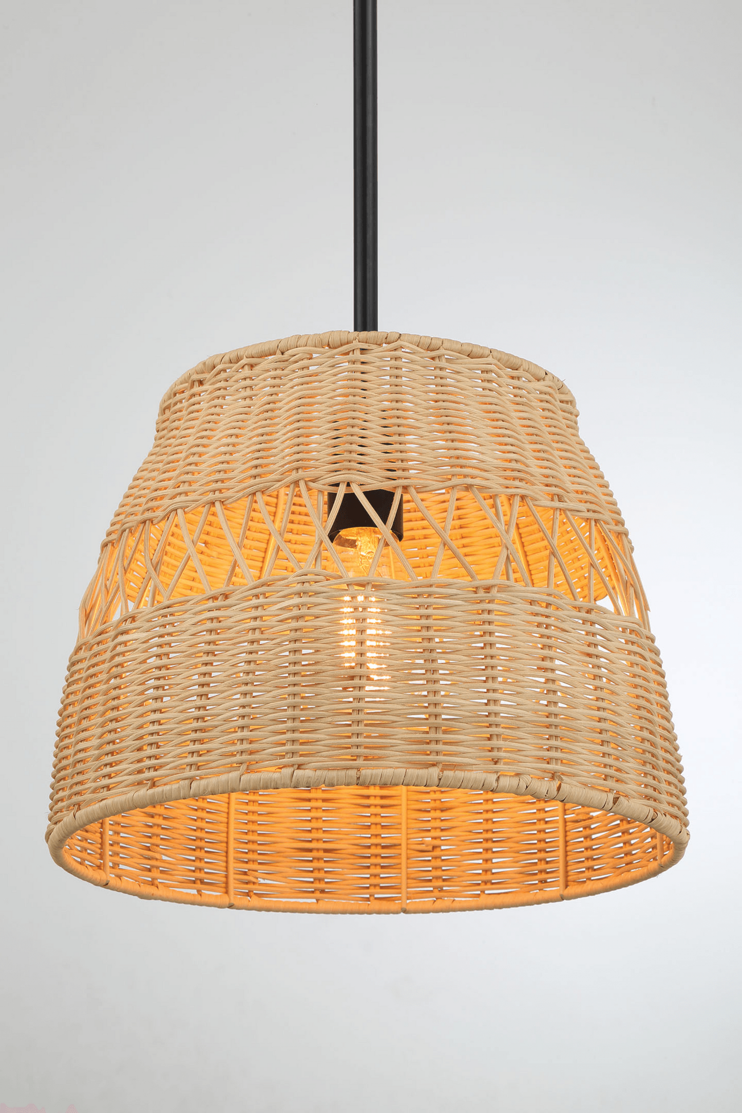 Single Lights Pendant With Rattan Shade Black Metal Finish For