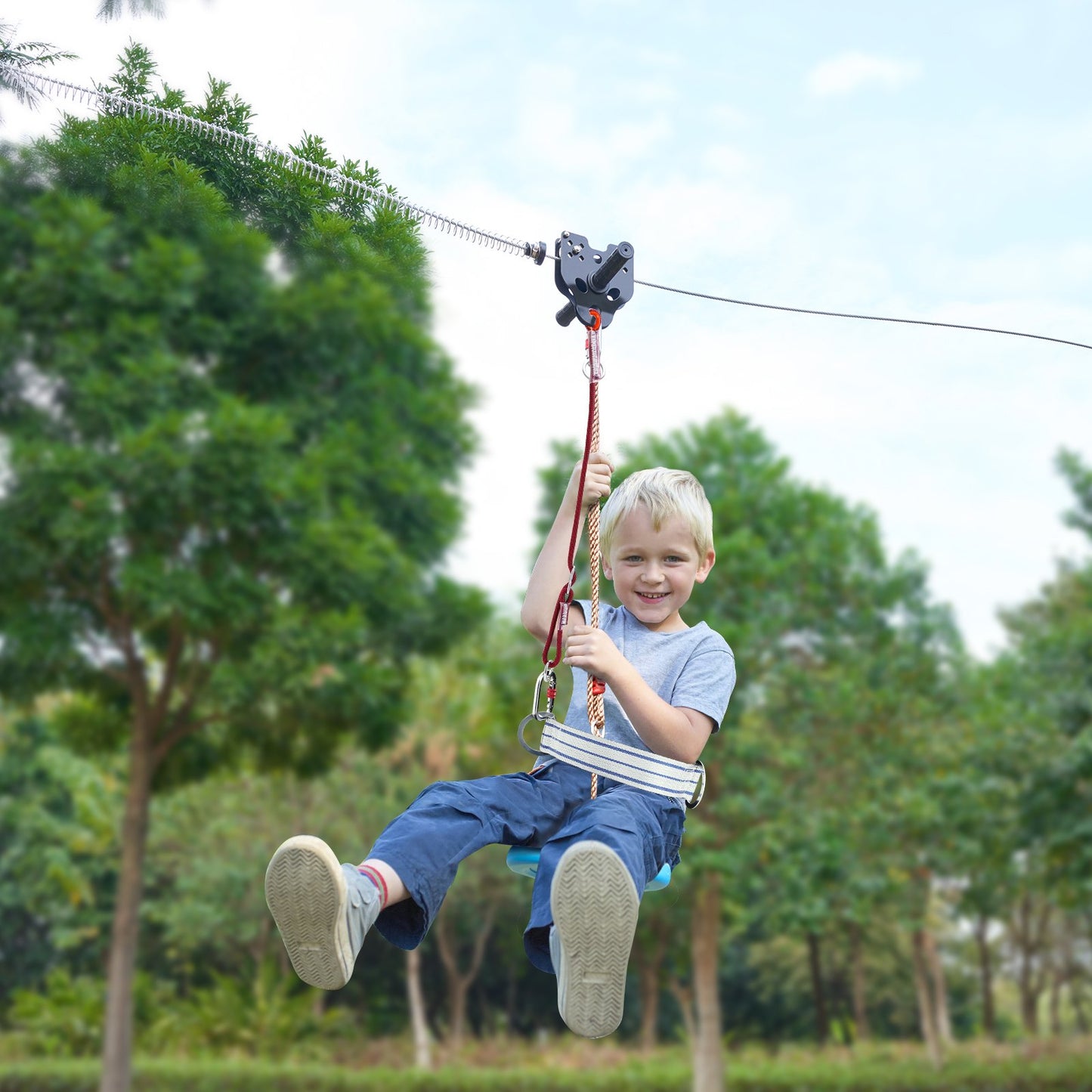 Kids & Adult Zipline Kit 60 Ft, 500 Lb Capacity Backyard Outdoor Zip Line with Safety Harness & Stainless Steel Spring Brake - Blue