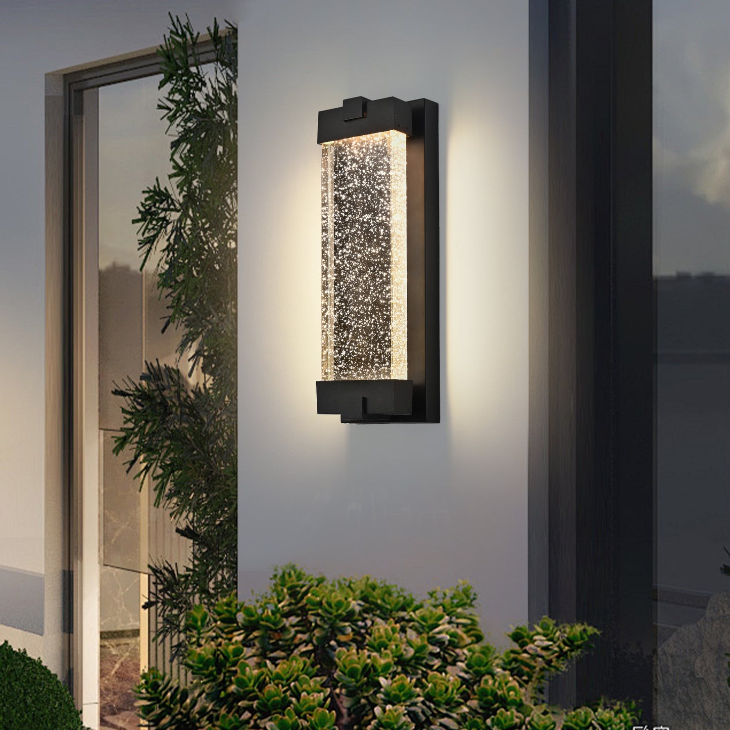 19-Inch Black Aluminum Outdoor Wall Light with Bubble Crystal Glass - Weatherproof Sconce with LED 3000K Warm Light