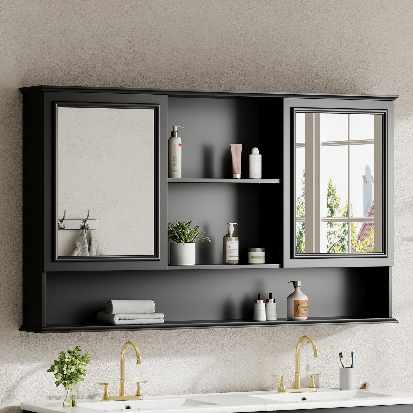 60" Wall-Mounted Bathroom Medicine Cabinet with Mirrored Doors