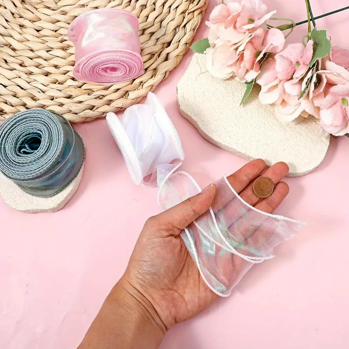 10 Yard Shimmer Sheer Organza Ribbons - 5 Rolls in 5 Colors