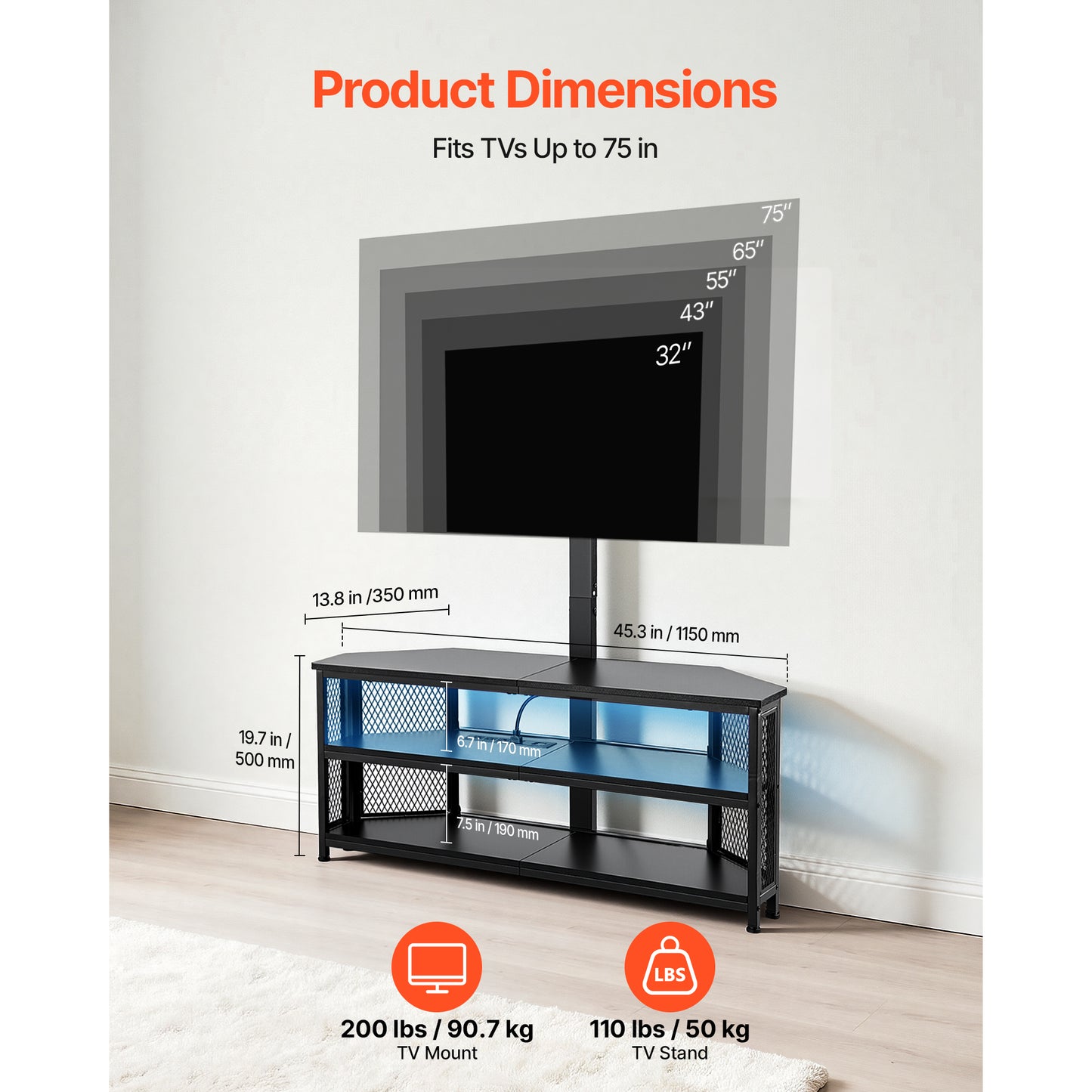 45.3 Inch Corner TV Stand with Mount, Height-Adjustable Entertainment Center with Storage & LED Lights, Fits 32-75 Inch TVs, Black