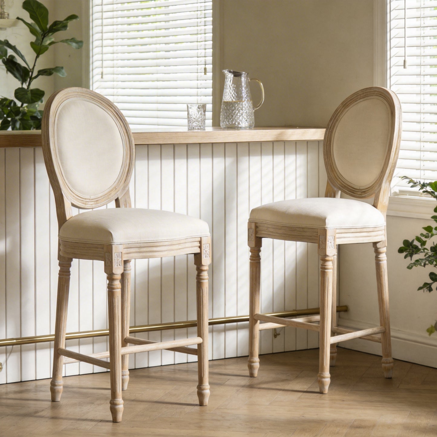 French Country Bar Chairs Set of 2 - Upholstered, Round Back, Beige