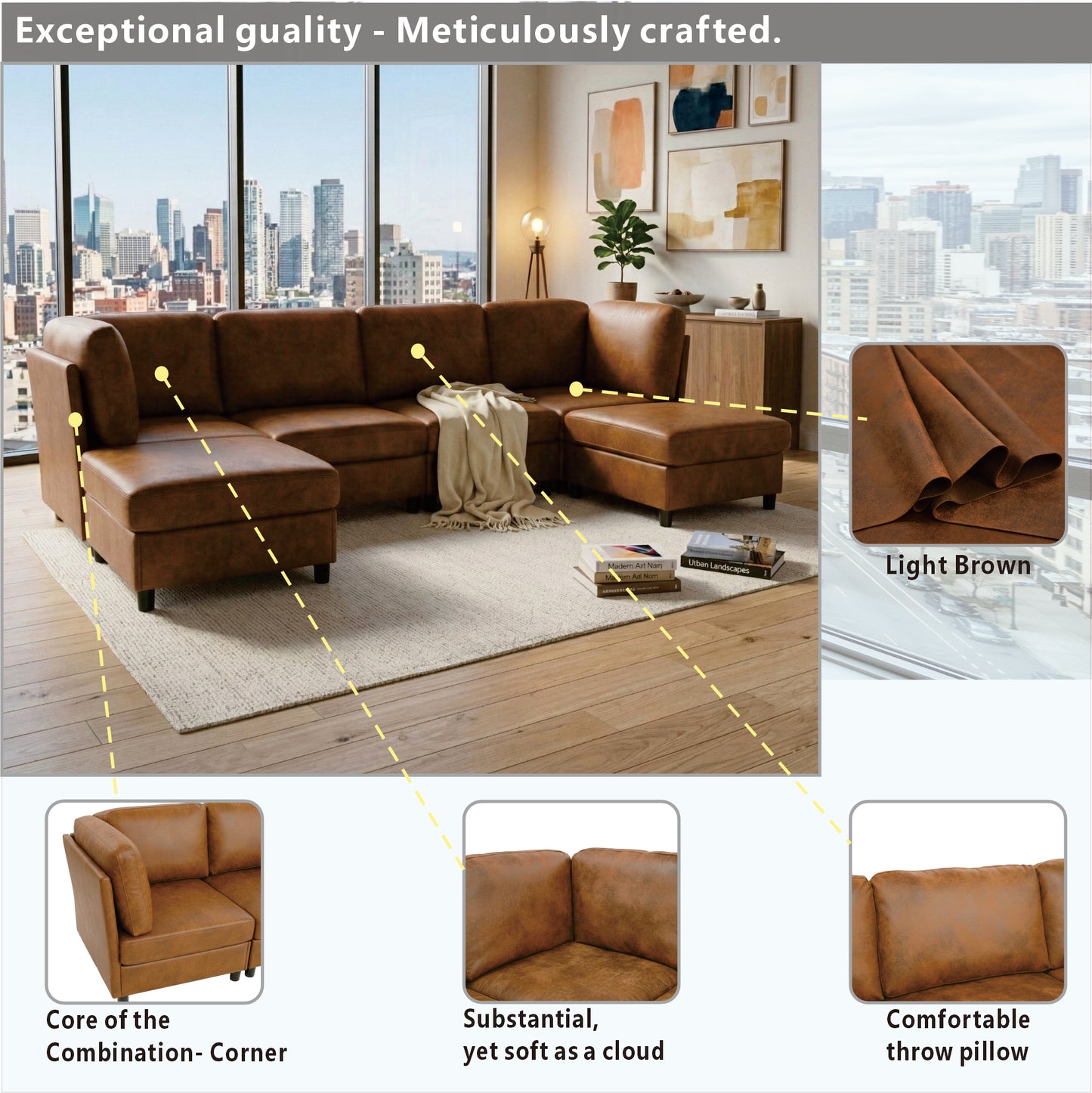 Modular Corner Sofa - Light Brown Fabric, 6 Seats, Modern Design