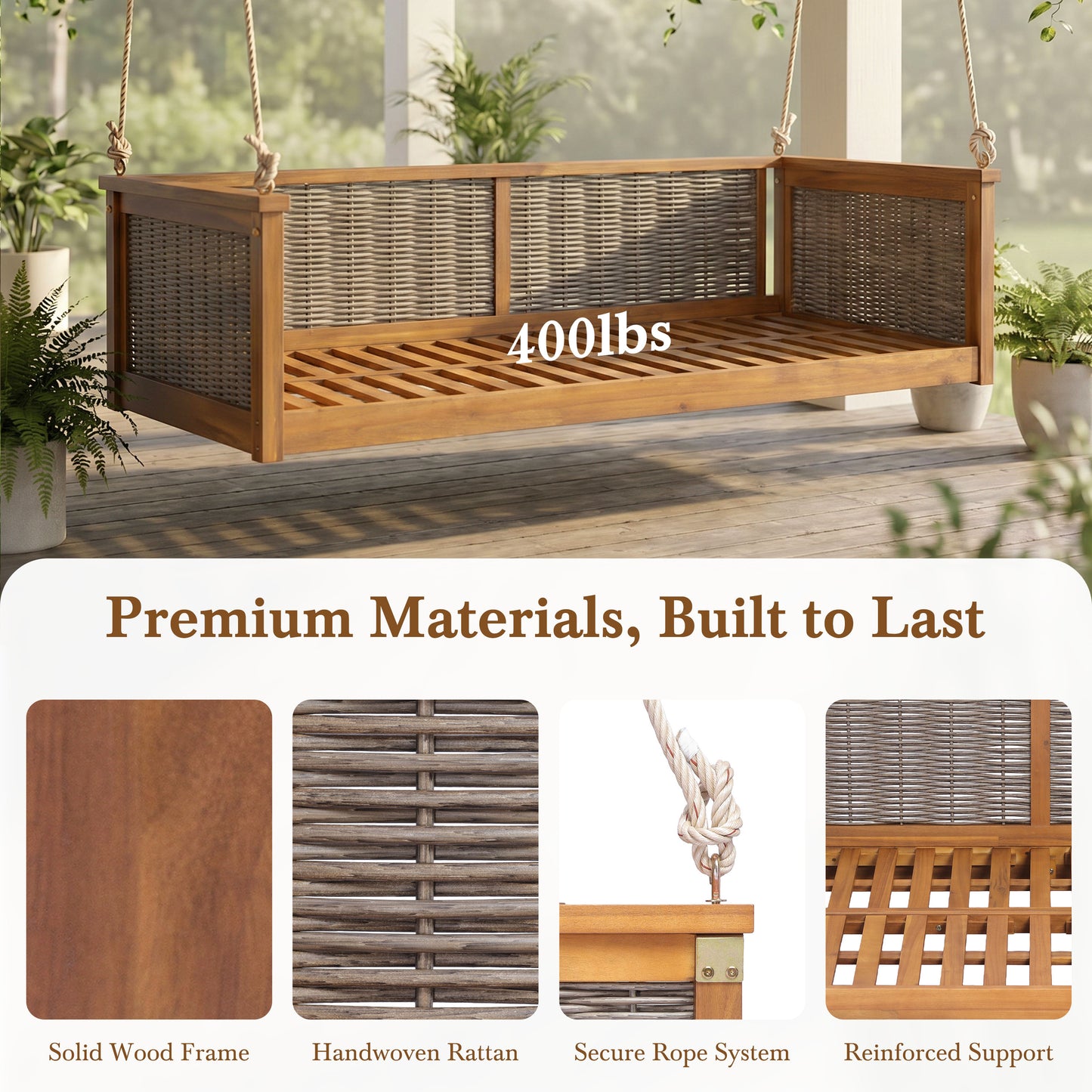 Outdoor Classic Solid Wood Twin Size Swing Bed - Teak