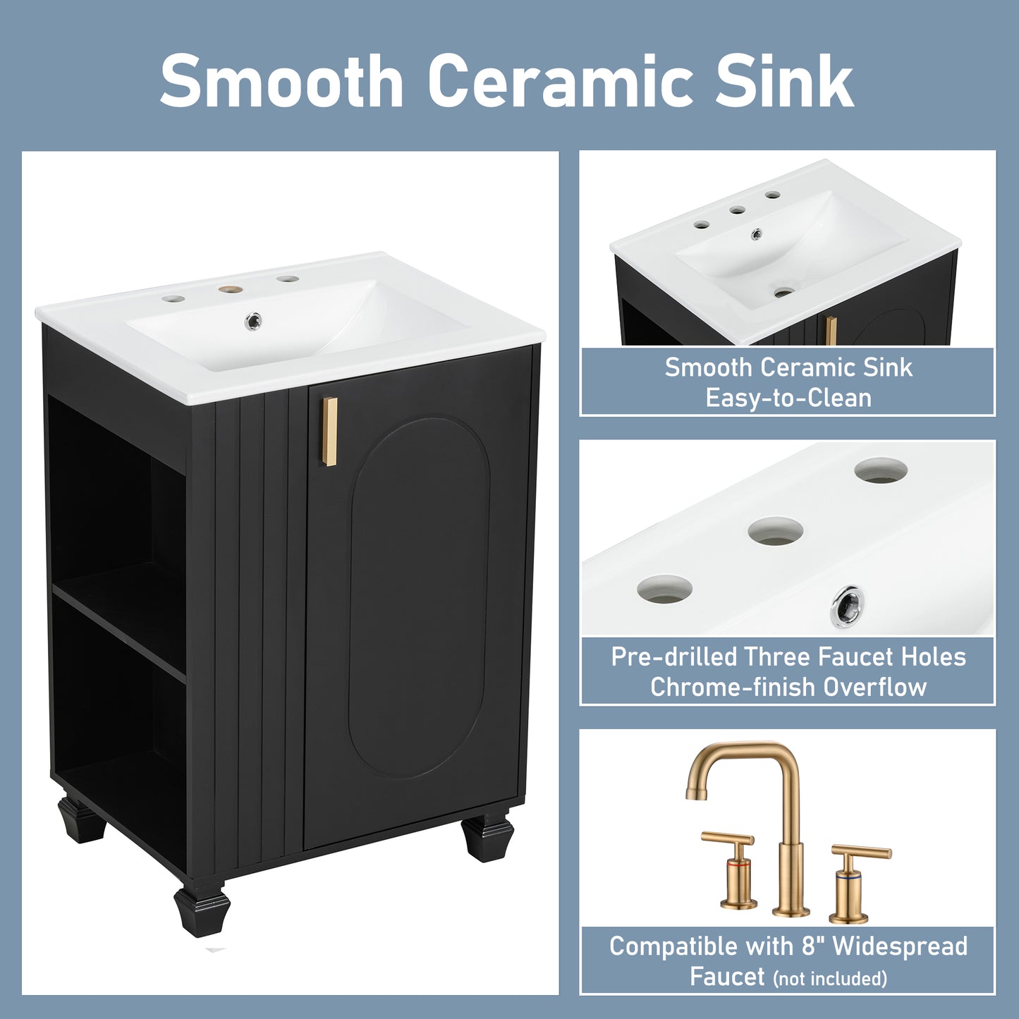 24" Bathroom Vanity with Sink - Solid Wood, Soft Closing Door, Black