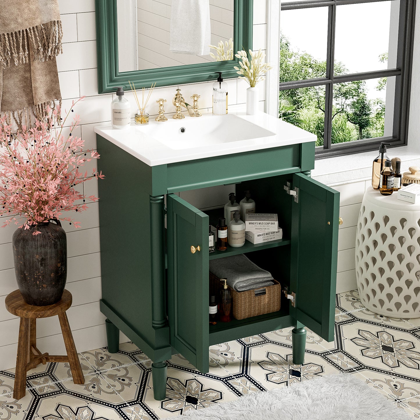 24-Inch Green Bathroom Vanity with Ceramic Sink & Storage