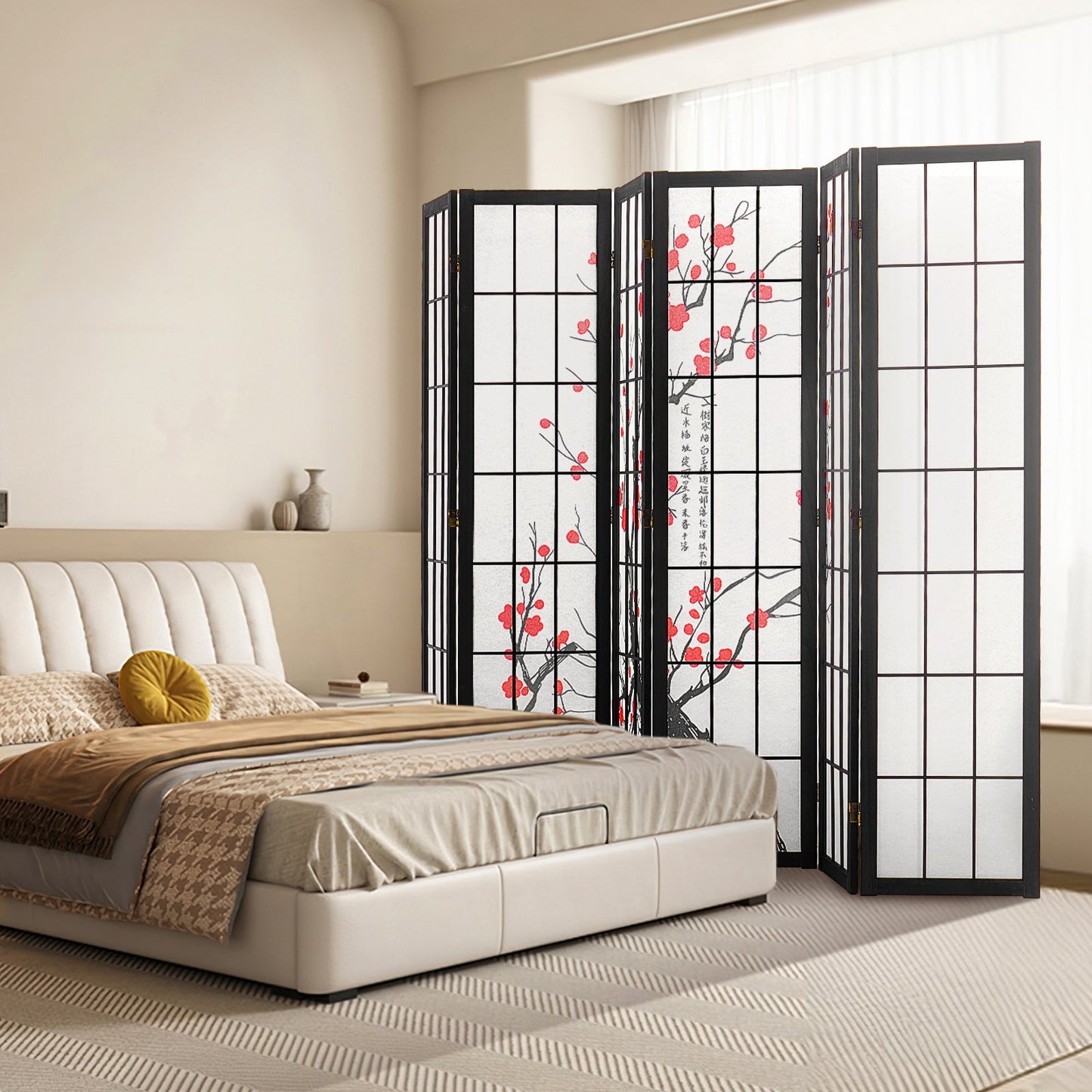 Wood Folding Japanese Room Divider - 6 Panel Privacy Screen