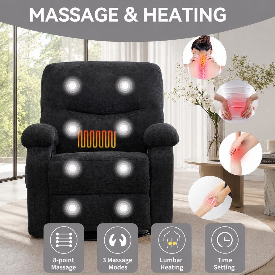 Extra-Large Manual Lift Recliner Chair with Heat & Massage - Black