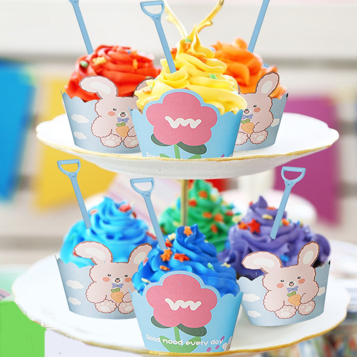 Cute Bunny Flower Cupcake Liners with Spoons - 100 Pcs Set