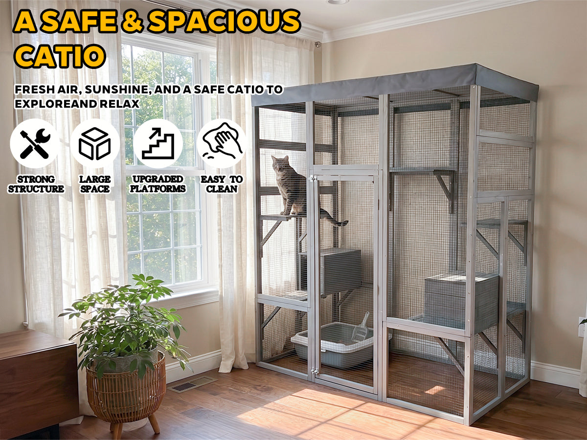 Gray Wooden Cat Enclosure with Waterproof Top, 2 Napping Boxes, Spacious & Secure