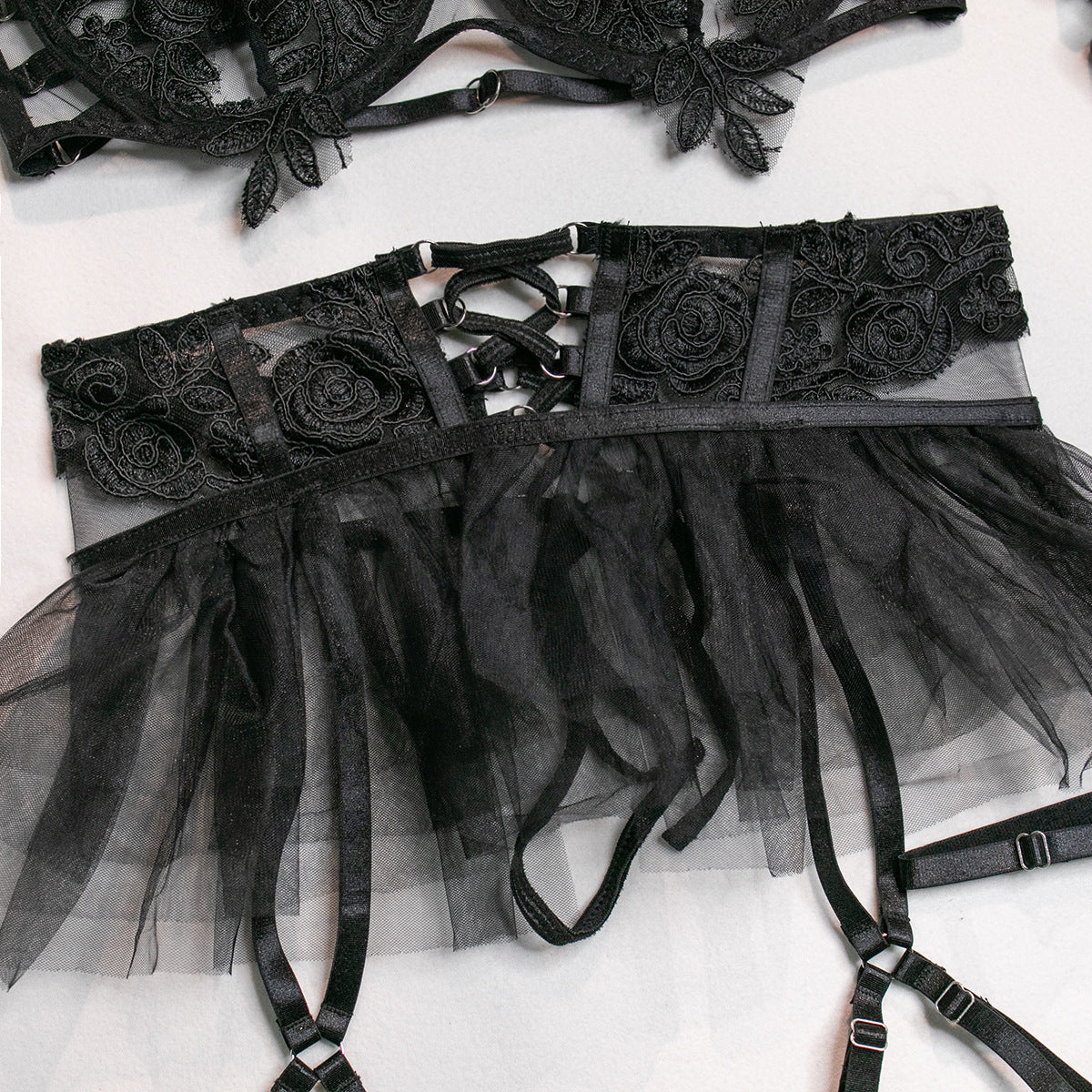Women’s Mesh Pleated Skirt Sexy Elegant Lace Fabric Black