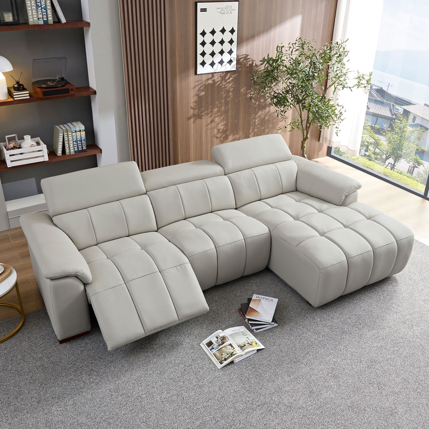 Electric Reclining Sofa - Modern L-Shaped Genuine Leather Couch with USB Port - Light Grey