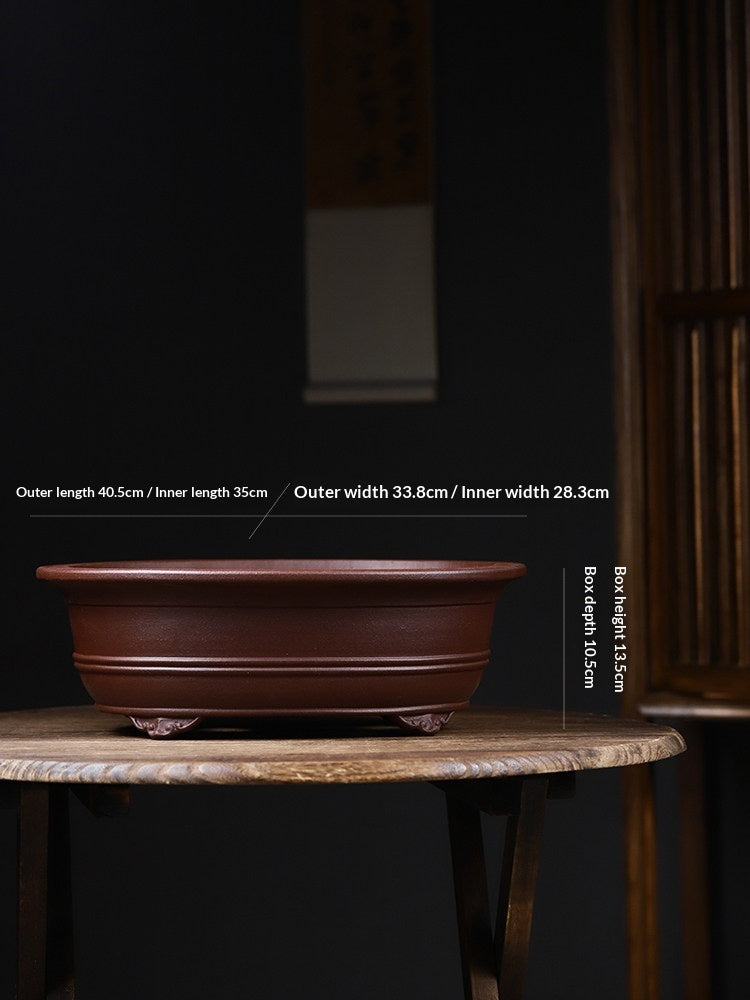 Oval Antique Bronze Clay Flower Pot with Pine and Cypress Trees - Yixing Style