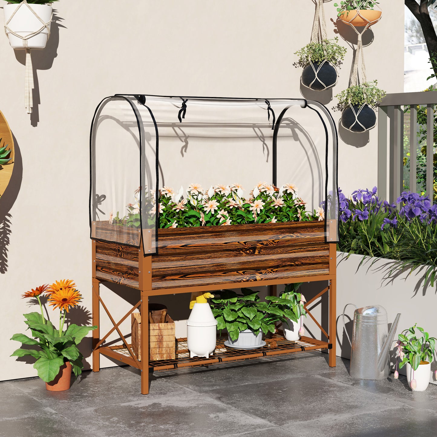 Raised Garden Bed with Cover and Legs - Metal Elevated Planter Box for Vegetables - Brown 1180x370x95mm