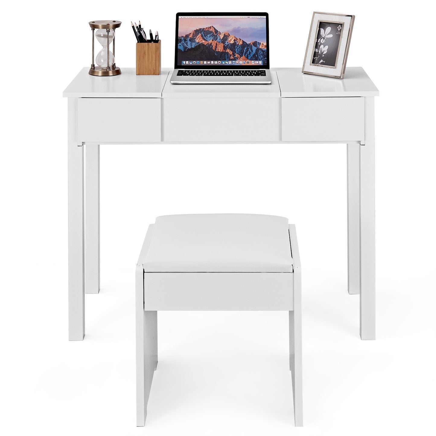 Vanity Makeup Dressing Table Set with Flip Top Mirror & Stool - White