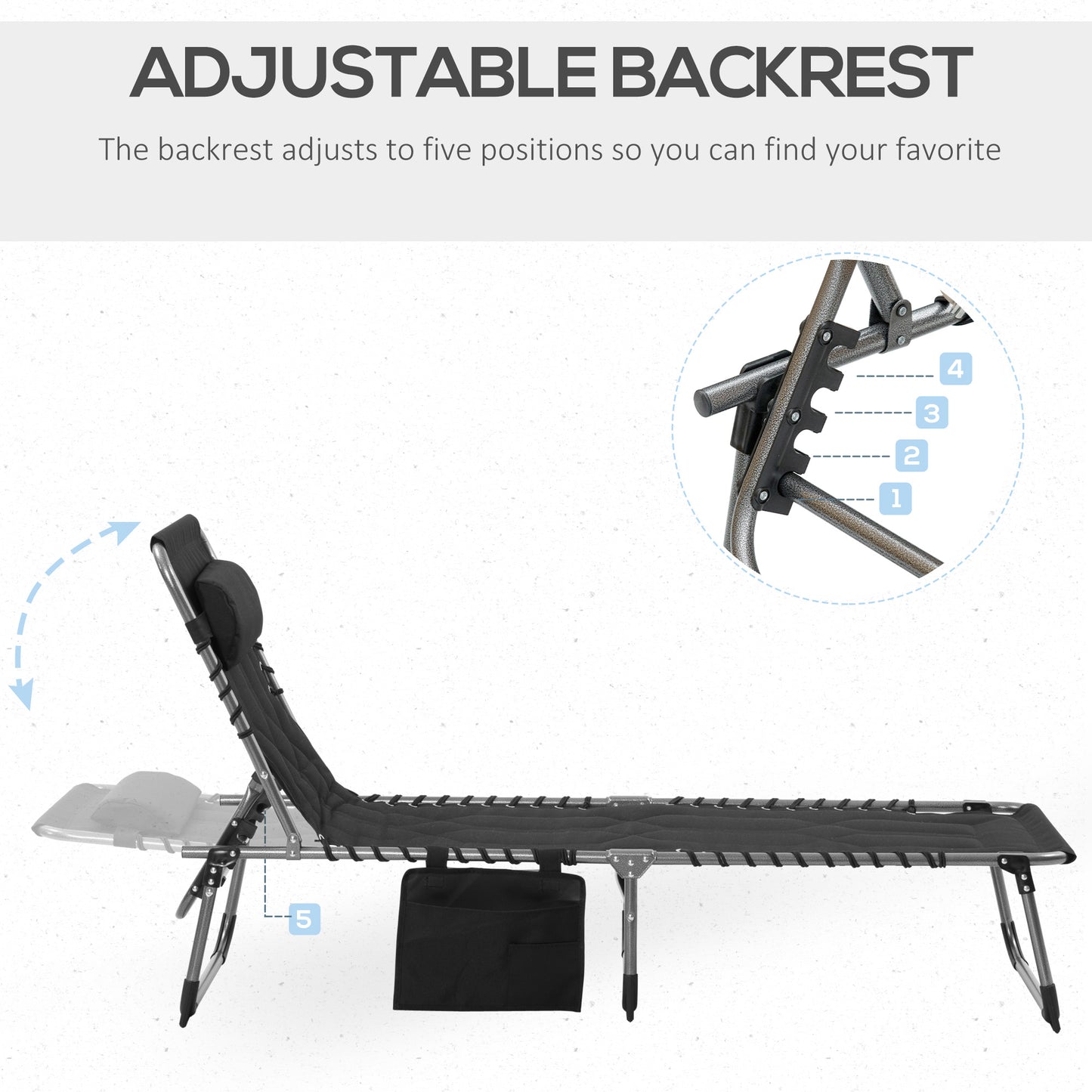 Padded Folding Chaise Lounge Chair - 6-Level Reclining Black