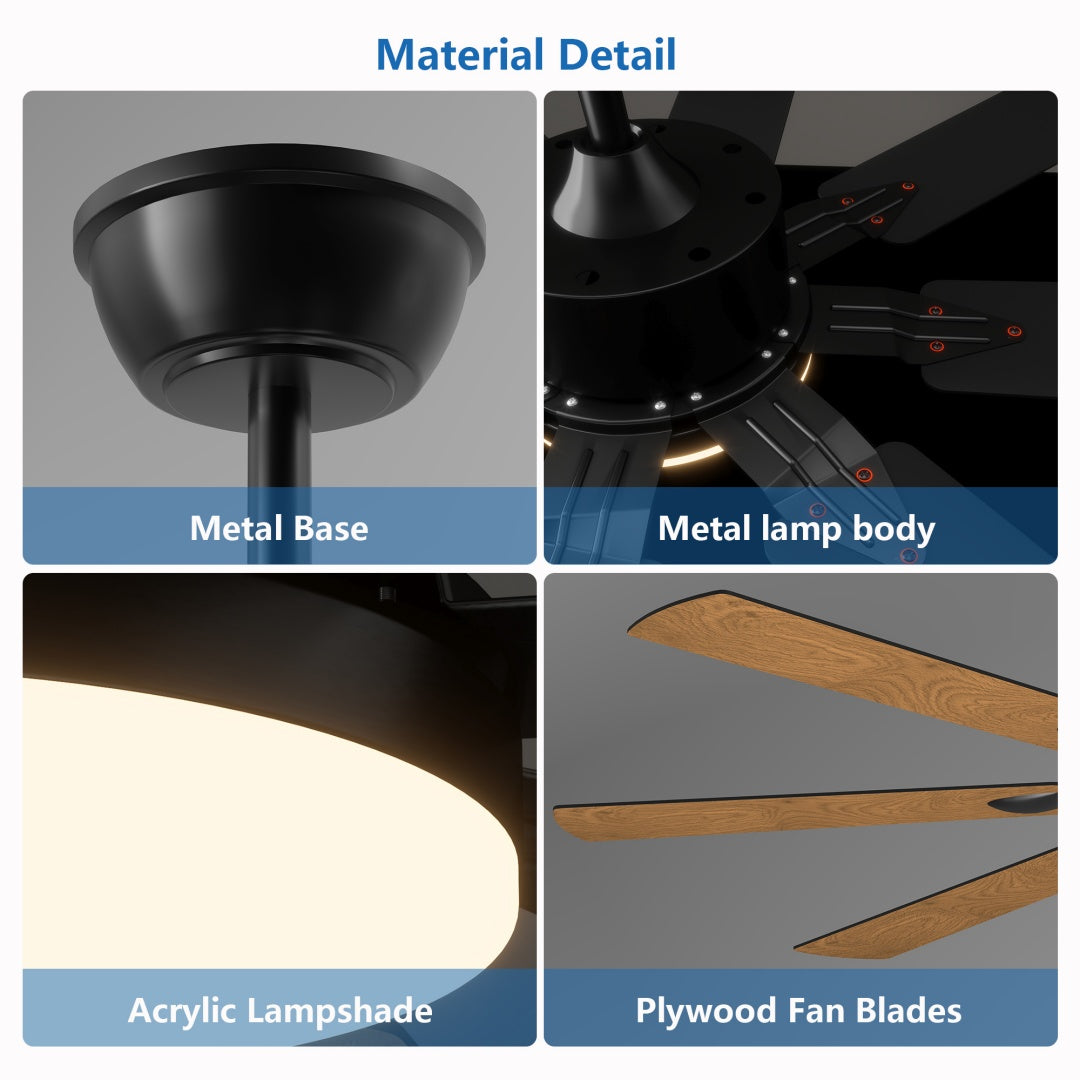 52-Inch Ceiling Fan with Lights and Remote, Reversible DC Motor, 8 Blades, Black