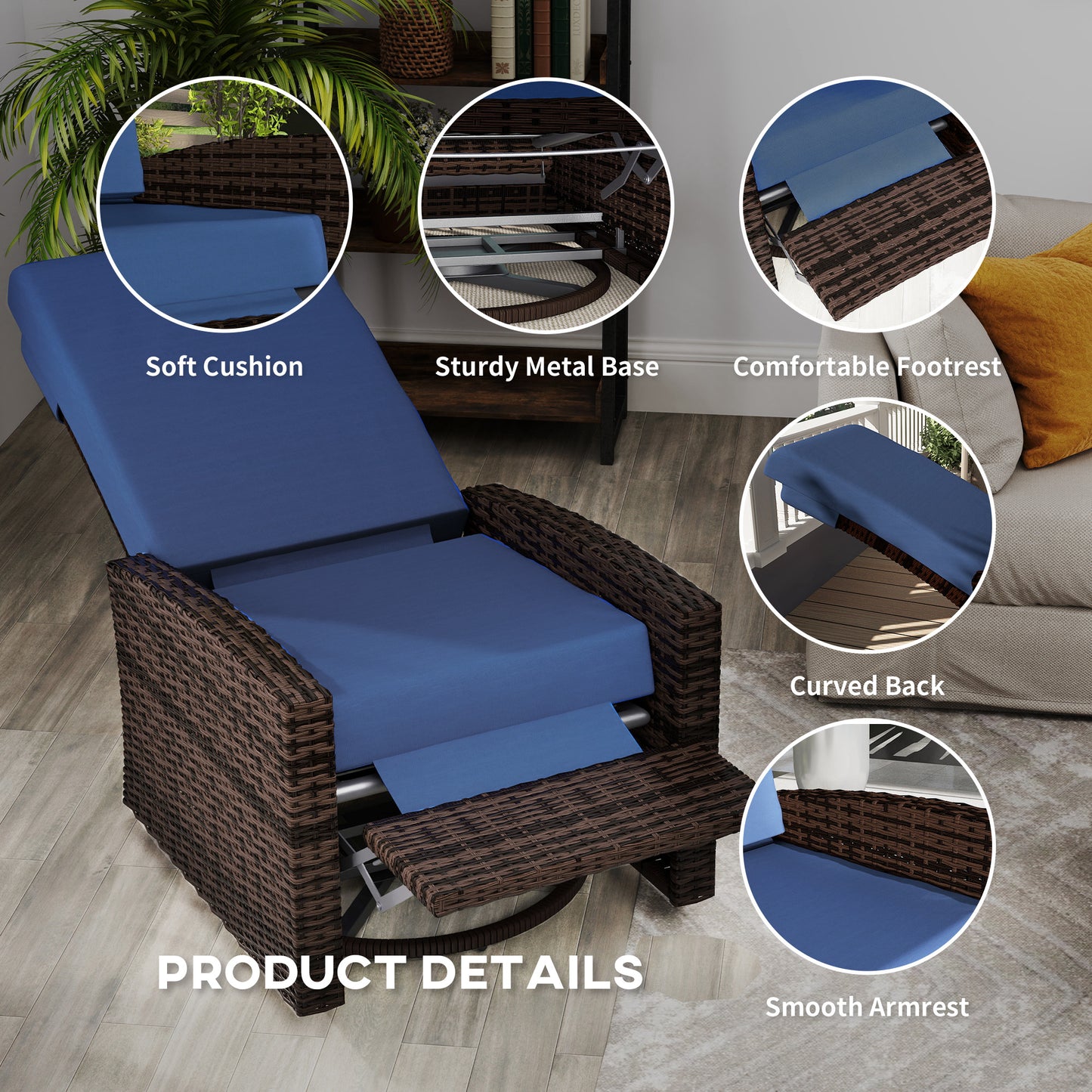Outdoor Wicker Swivel Recliner Chair with Footrest - Dark Blue